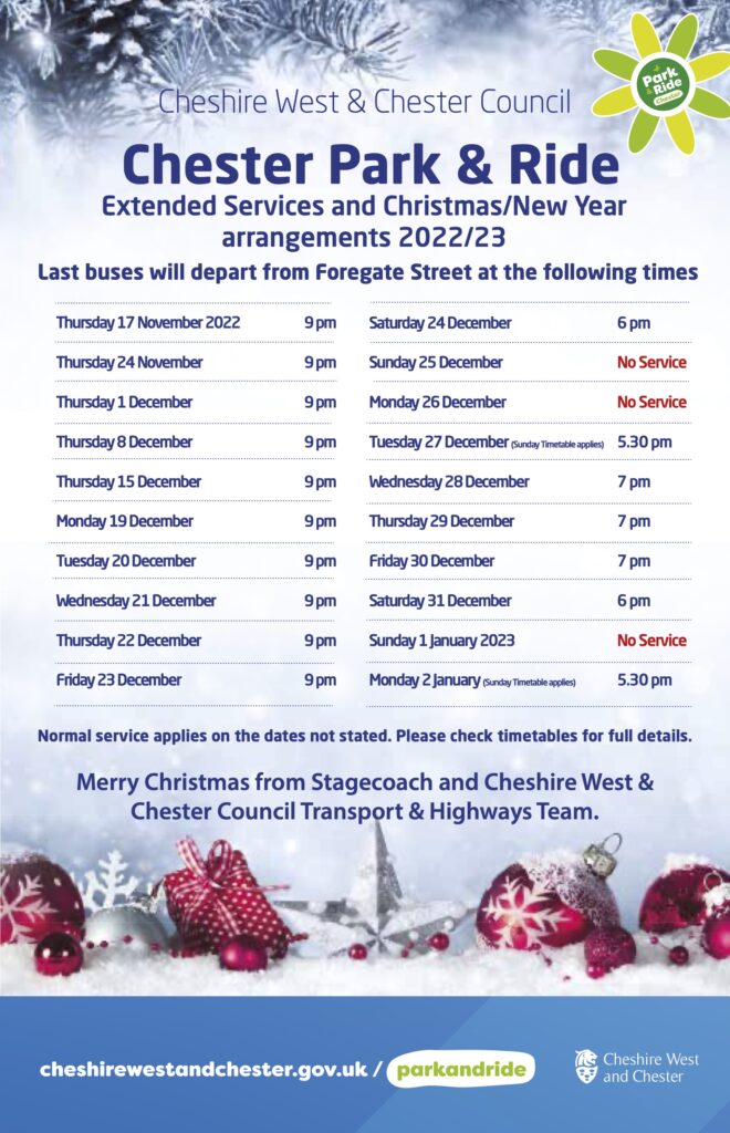 Chester Bus Interchange P&R Christmas & New Year Operations Poster 2022 park and ride