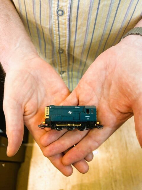 TT Scale Model Train in the hands of Paul Boyland, owner Chester Model Centre brightened